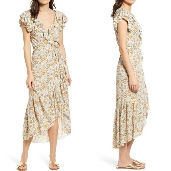 Faherty Dresses & Skirts - Faherty Carmen Floral Print Wrap Midi Dress Ruffle Short Sleeve Hi Low‎ Small